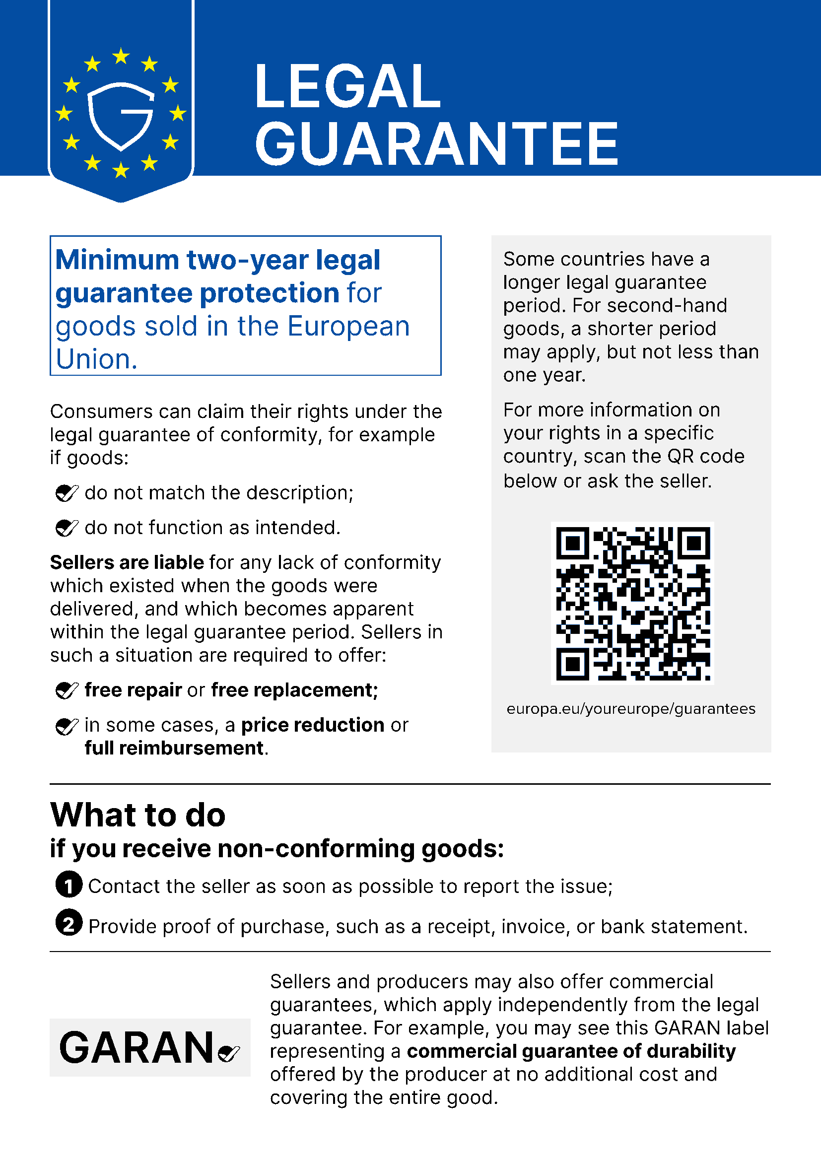 Official EU notice explaining the minimum two-year legal guarantee